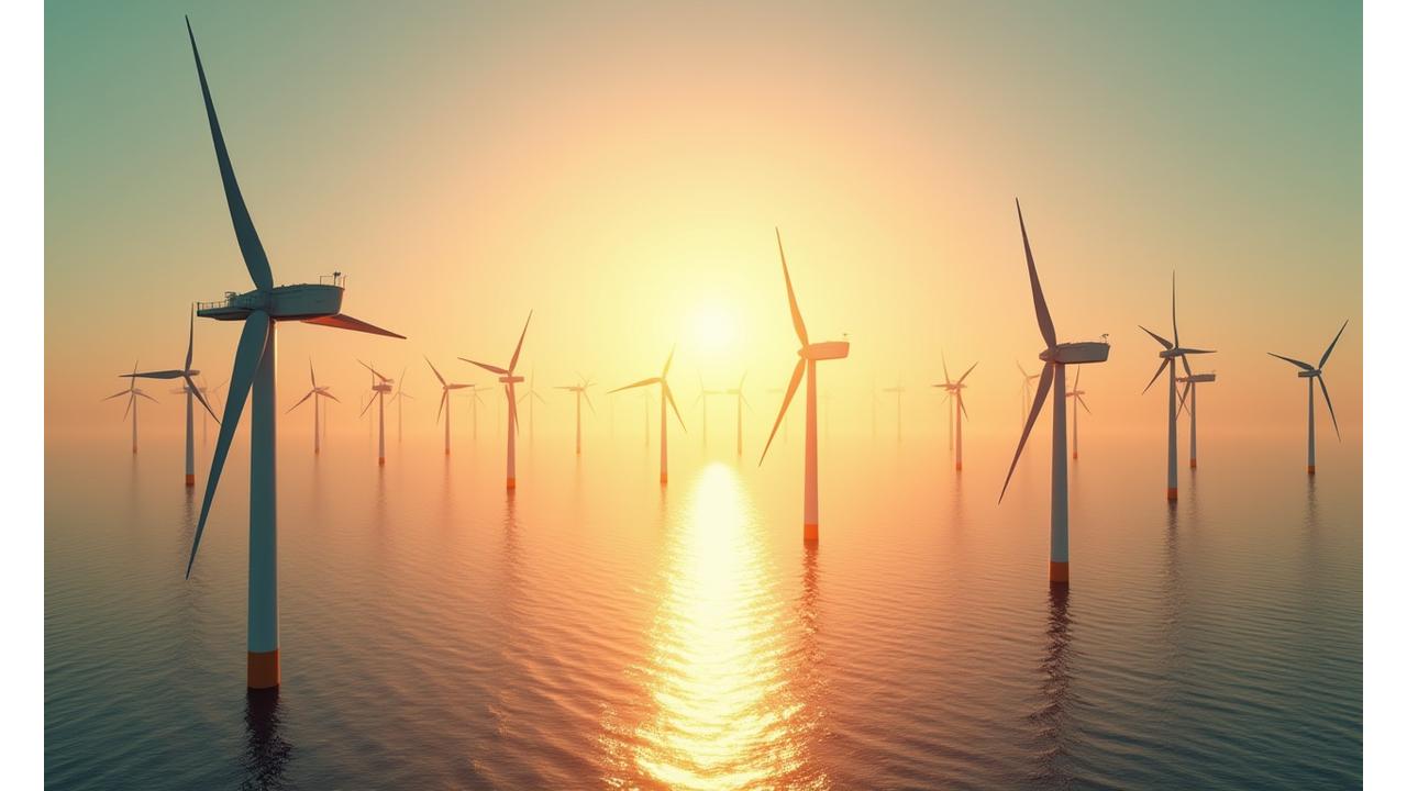 Panoramic view of modern offshore wind turbines at sunrise, symbolizing renewable energy and a sustainable future for the UK.