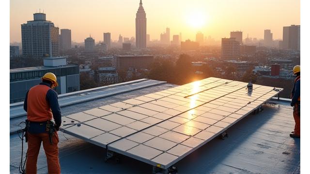 Early solar panel installation on a commercial rooftop in London, depicting foundational work.