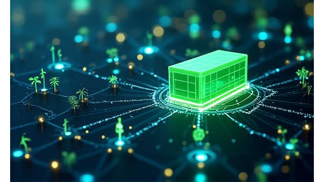Complex smart grid network visualized with glowing connections and data flows, representing advanced technology.