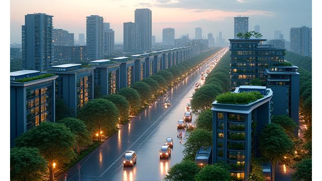 City skyline interwoven with renewable energy infrastructure, depicting sustainable urban development.