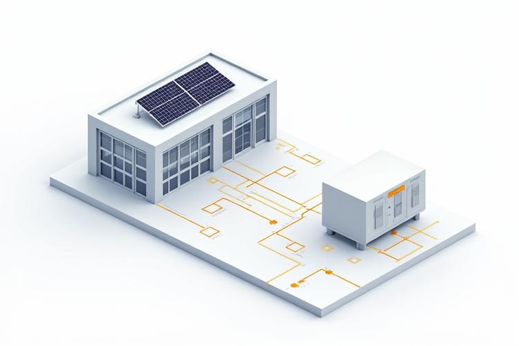 Diagram showing a commercial building connected to solar panels and a battery storage system, integrated with the grid