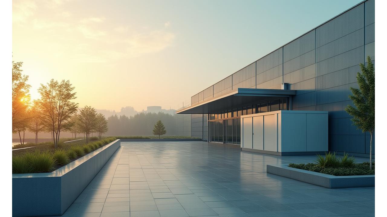 Modern industrial facility with solar panels on the roof and a smart grid integration hub