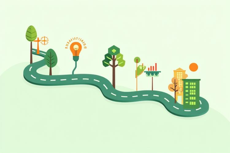 A roadmap infographic illustrating steps towards net-zero emissions, with icons for renewable energy, efficiency, and reporting
