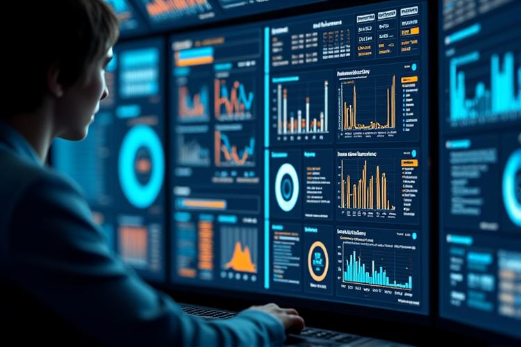 A digital dashboard displaying energy consumption data, system performance, and real-time controls with graphs and metrics