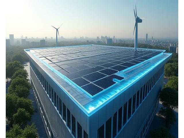 Solar panels on a commercial rooftop connected to a modern building