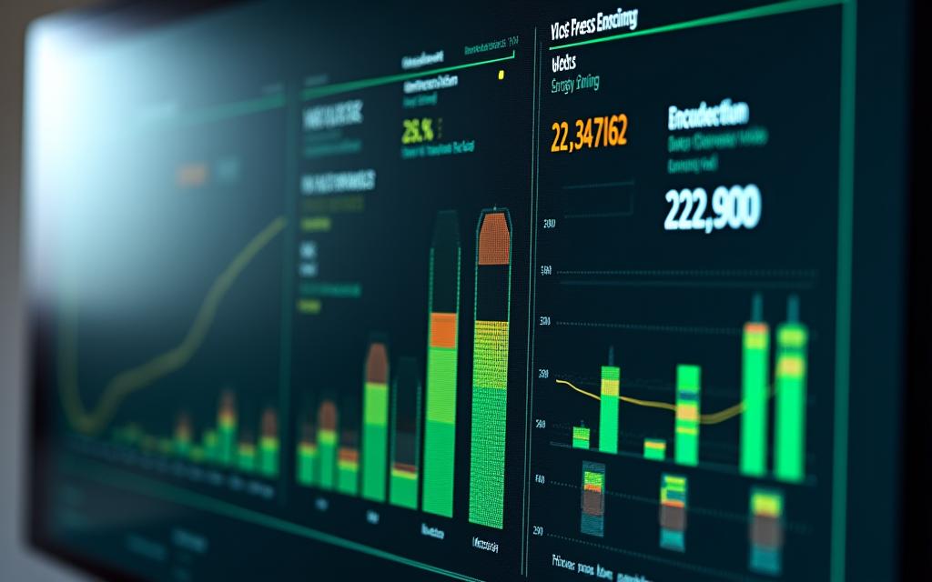 Digital dashboard displaying energy savings metrics, graphs, and sustainability KPIs