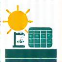 Sun beaming onto solar panels with energy flowing into a battery icon