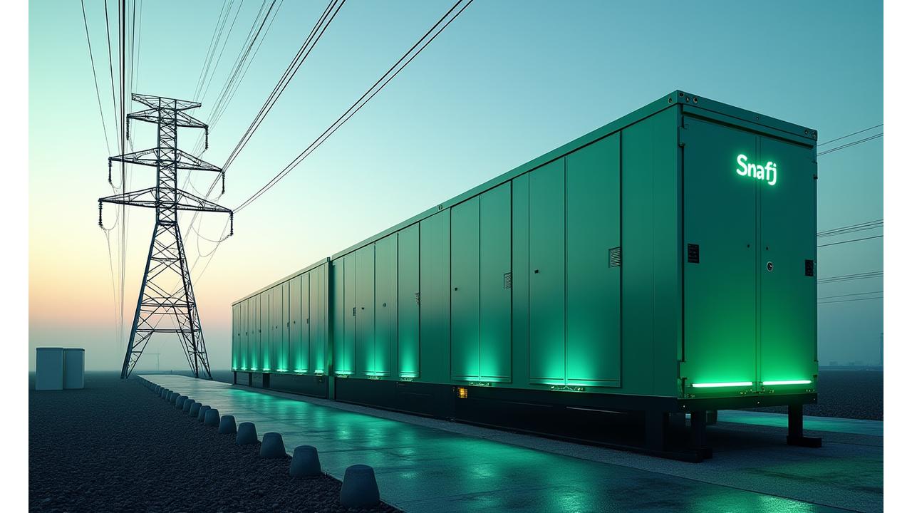 Large-scale battery energy storage system with grid connection lines glowing