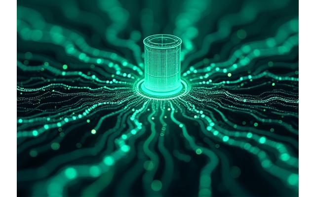 Complex digital representation of a smart grid with energy flowing between components and storage units