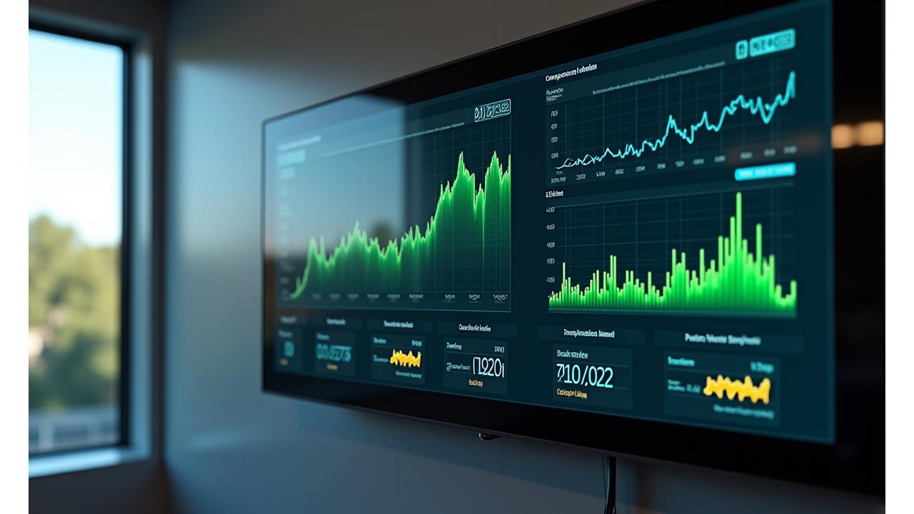 Digital dashboard displaying real-time energy storage performance metrics, graphs, and system health indicators