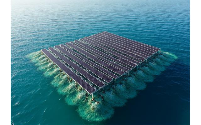 An innovative offshore floating solar array seamlessly integrated with a sustainable aquaculture farm, showing fish nets beneath the panels and clear water surrounding.