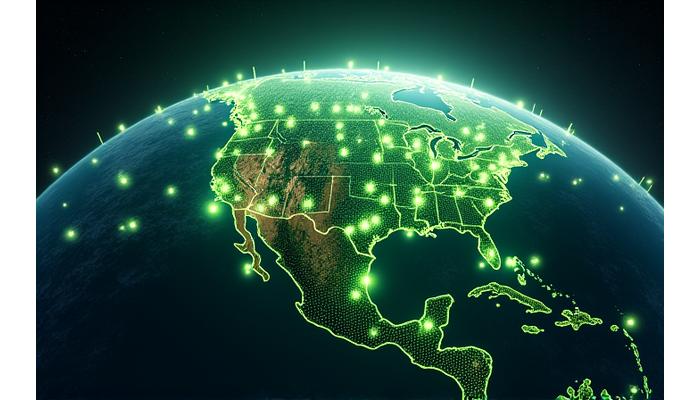 A globe emitting green energy symbols (leaves, wind turbines, solar panels) over ocean areas where offshore renewables are prominent points of light, symbolising global carbon footprint reduction.