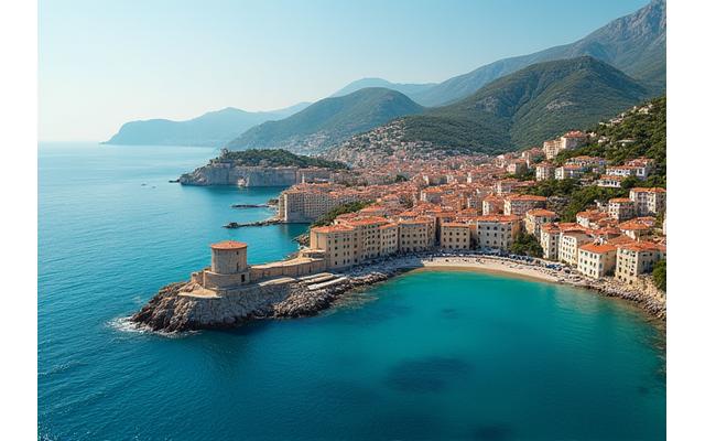 Aerial view of a vibrant coastal town protected by sea defences, showcasing renewable energy integration like rooftop solar and small-scale tidal barriers, symbolising energy resilience.
