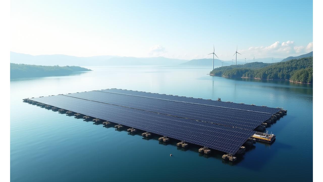 Expansive floating solar farm on a calm lake with an offshore wind turbine silhouette in the background, under a bright sky.