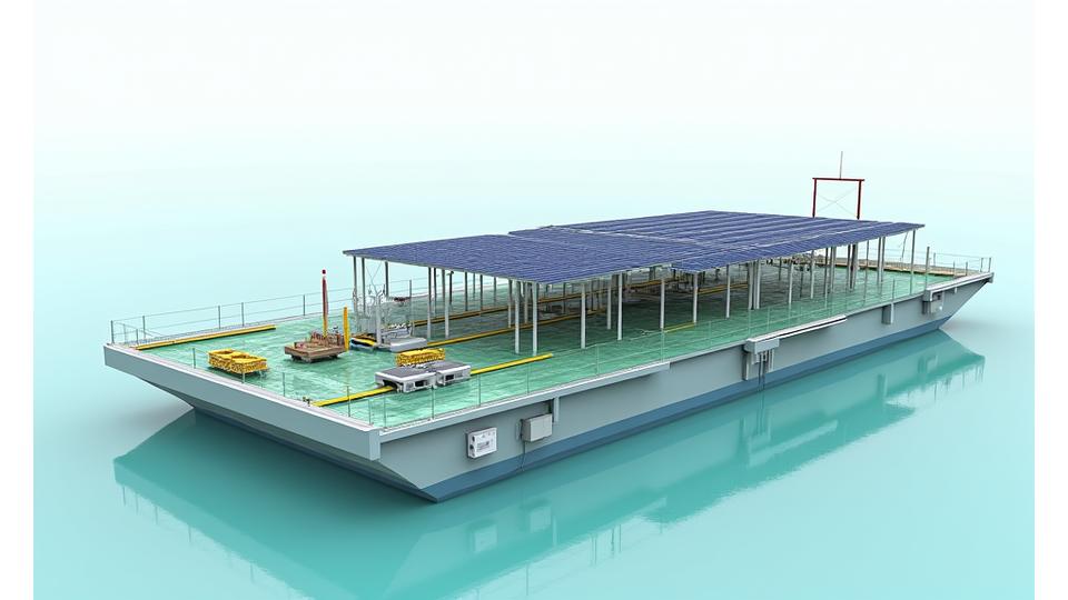 Detailed technical diagram of a floating solar photovoltaic (FPV) system showing individual modules, pontoon structures, mooring lines, electrical cabling, and an inverter station, all floating on water.