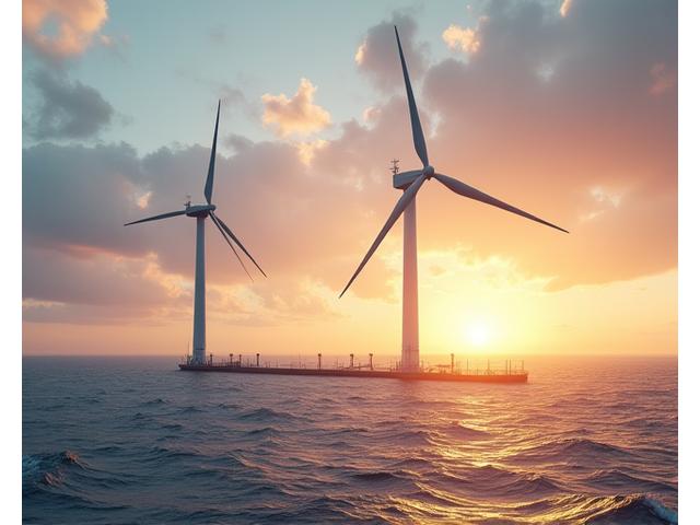 Large floating offshore wind turbine with a semi-submersible platform, generating clean energy in a vast ocean scape.