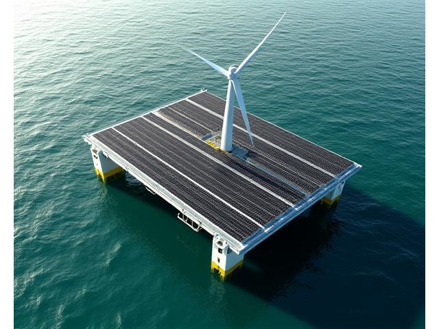 Integrated offshore energy platform featuring both floating solar panels and a small offshore wind turbine, with aquaculture pens nearby, showcasing sustainable multi-use marine space.