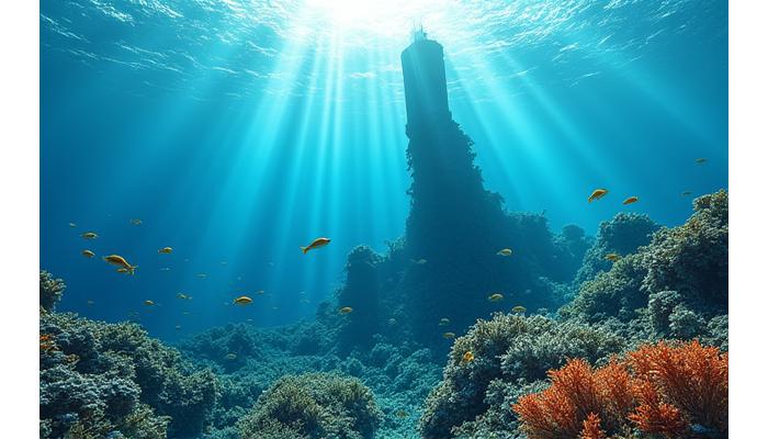 Underwater view near an offshore wind turbine foundation, showing thriving marine life, corals, and fish congregating around the structure, creating an artificial reef effect.