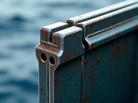 Close-up of a sophisticated marine-grade metal joint, showcasing advanced corrosion-resistant coatings and precision welding, with a blurred ocean background.