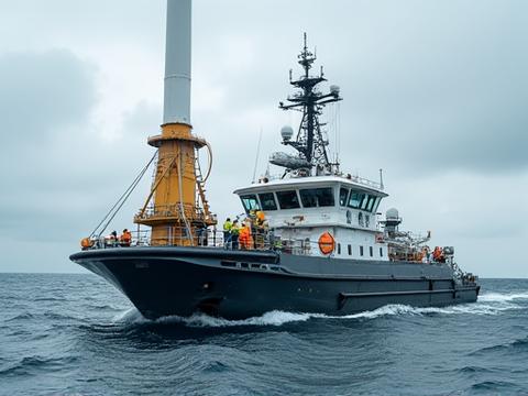 Specialised marine vessel performing maintenance on an offshore renewable energy platform in choppy waters, with technicians safely secured.