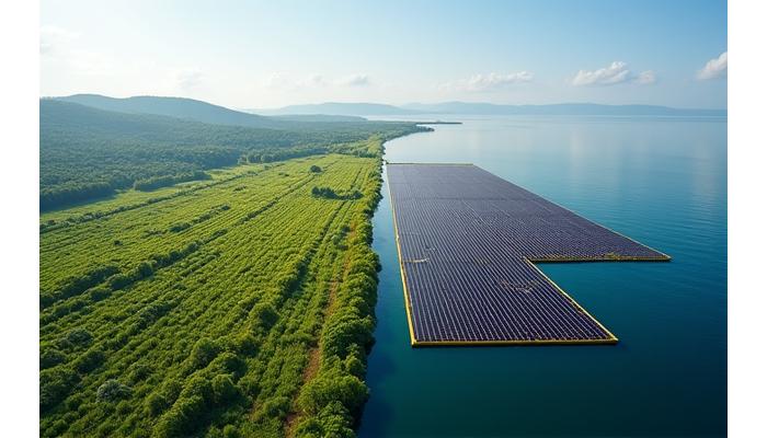 Aerial view showing an expansive, traditional land-based solar farm contrasted with a vibrant floating offshore solar array on a vast body of water, illustrating significantly less land footprint.