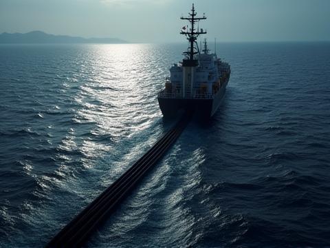 Image of a massive subsea power cable being deployed from a specialised vessel into the ocean, connecting an offshore wind farm to the onshore grid.