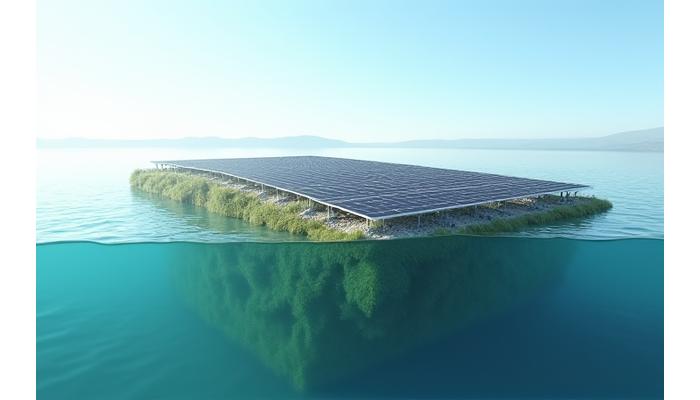 Cross-section view of a floating solar array on a lake, showing the panels casting shade on the water below, reducing algal bloom and evaporation near the surface.