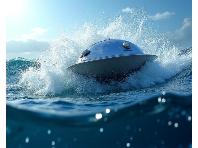 Innovative marine energy converter device capturing power from ocean waves and tides, with dynamic water effects.