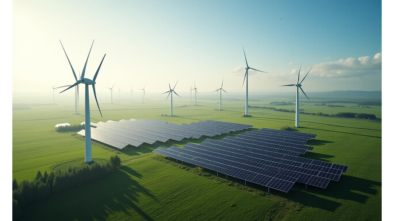An expansive hybrid wind-solar energy farm under a clear sky, featuring large wind turbines rotating gracefully amidst rows of neatly arranged solar panels, demonstrating land use optimization and complementary energy generation.