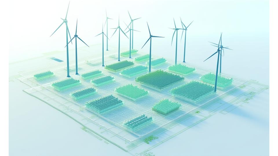 A sophisticated technical blueprint or 3D rendering of a hybrid energy farm, clearly illustrating the integrated electrical infrastructure, shared control systems, and optimized physical layout for wind turbines and solar panels.