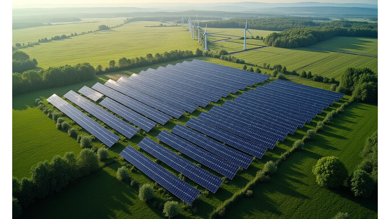 An aerial top-down view of a meticulously planned hybrid wind-solar farm, clearly showing the efficient arrangement of solar panels and wind turbines within the same land area to maximize energy output per square meter.
