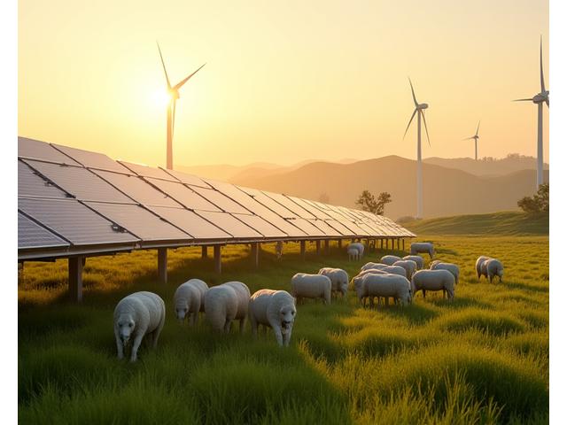 An innovative agrivoltaic hybrid farm where sheep graze peacefully beneath elevated solar panels, with wind turbines visible in the background, showcasing sustainable dual land use.