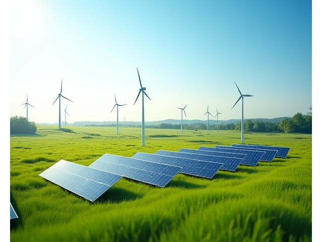 A vibrant community energy project featuring a small-scale hybrid wind-solar farm with visible signage indicating local ownership and benefits, surrounded by green fields.