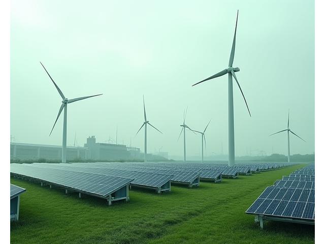 A large-scale industrial hybrid wind-solar energy project featuring advanced battery storage systems, integrated within a modern industrial landscape.