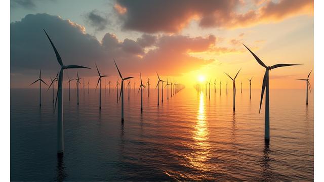 Massive offshore wind turbines arrayed in the North Sea at sunset.