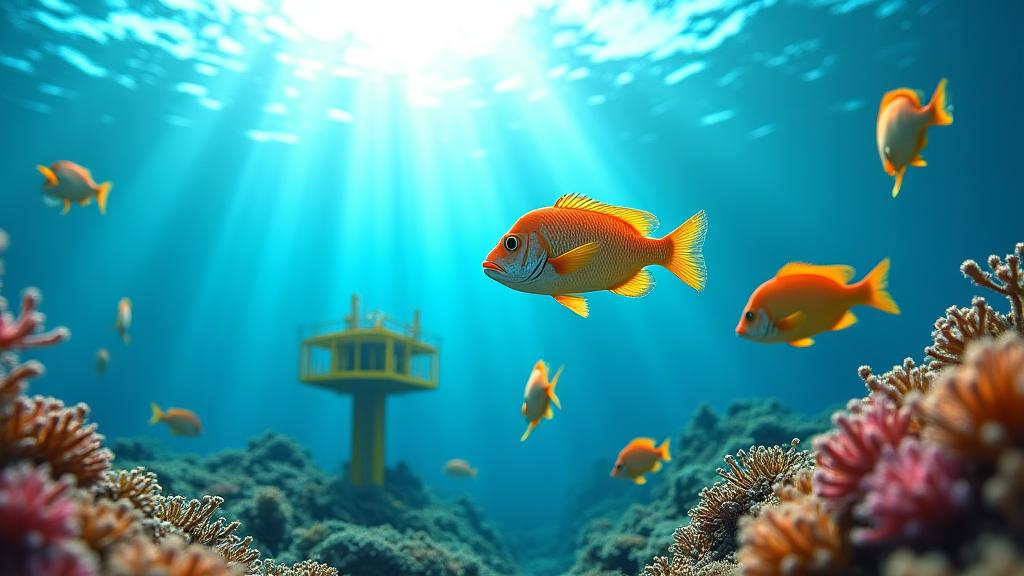 Underwater shot showing a school of fish swimming near a clean, unobtrusive marine energy device, with healthy coral reefs in the background, symbolising ecological harmony.