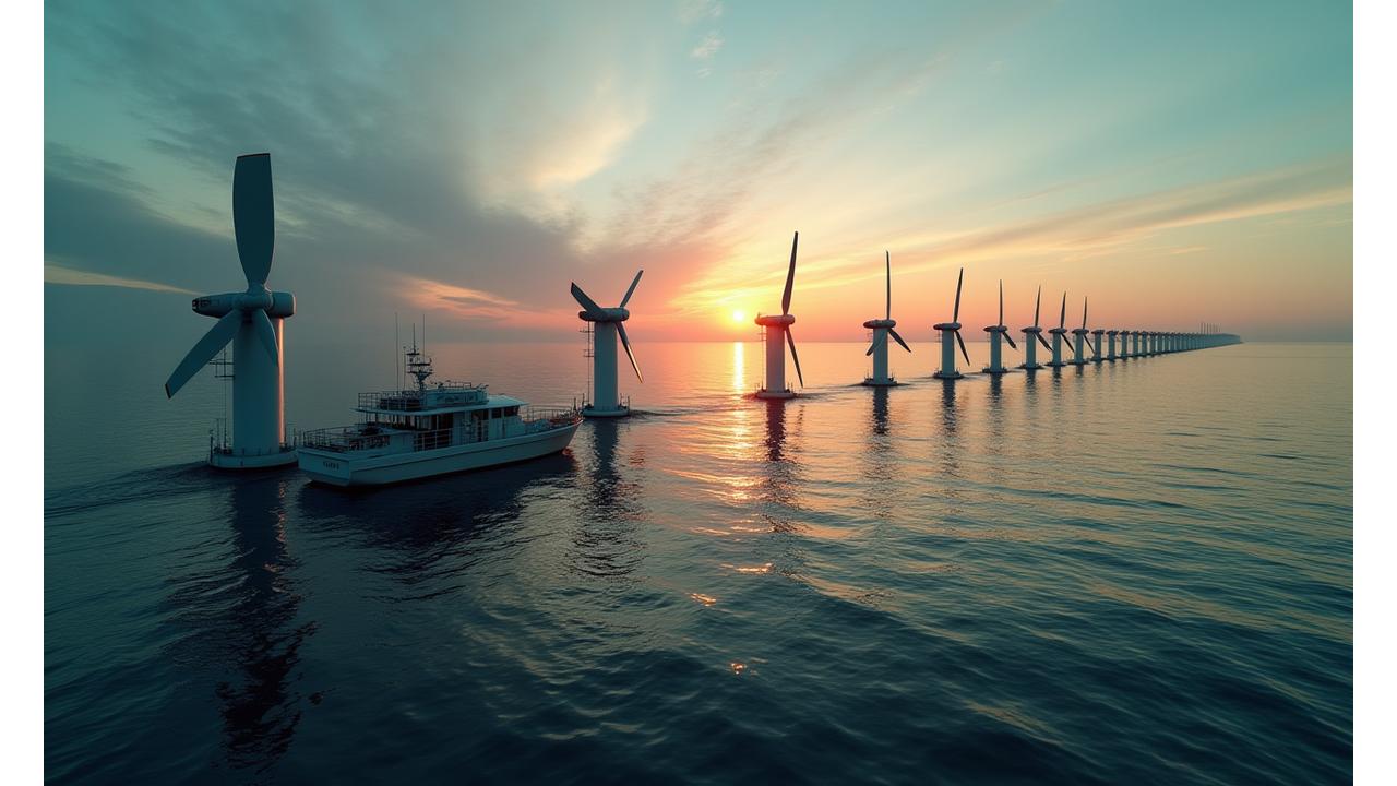 Large-scale offshore tidal energy turbine array at dusk, generating electricity, with a research vessel nearby. The water shimmers with generated power.