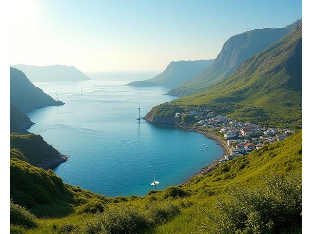 A remote, picturesque coastal community powered by small-scale marine energy devices visible offshore, with clear blue waters and green hills backdrop.