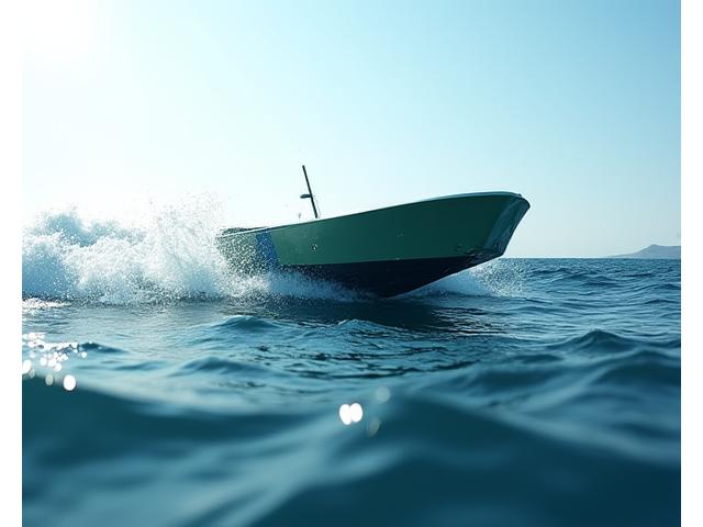 A sleek, modern point absorber wave energy converter bobbing rhythmically in open ocean waves, connected to an underwater cable.
