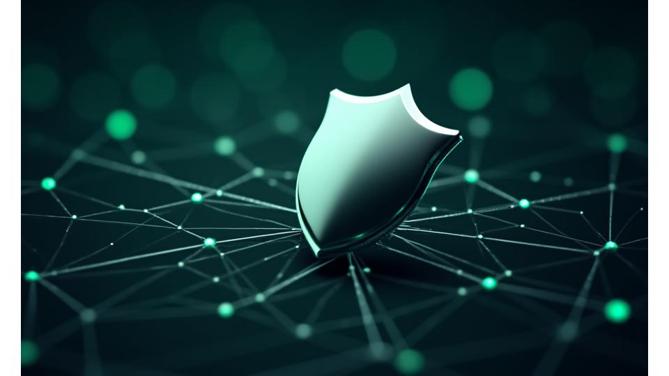 Abstract image representing a secure digital network with interconnected data points protected by a shield icon, illustrating data security measures.