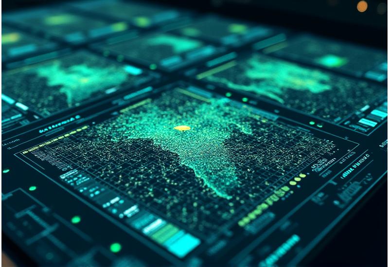 Technical charts and graphs overlaid on a map showing renewable energy resource data and grid connections.