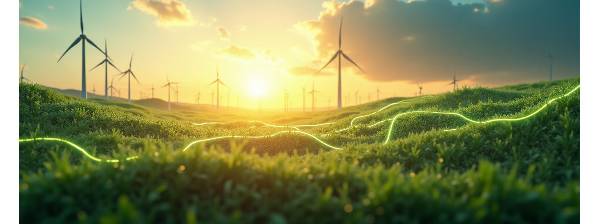 Abstract animated timeline showing phases of renewable energy project development, from blueprint to completed solar farm and wind turbines at sunset.