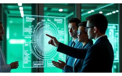 Caldera Flux engineers collaborating on a complex smart grid technology implementation, looking at diagrams on a large screen with a data center in the background
