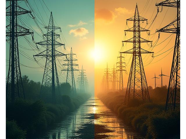 A split image comparing a chaotic traditional grid with inefficient renewable integration on one side, and a streamlined, optimized smart grid with balanced renewable energy flow on the other