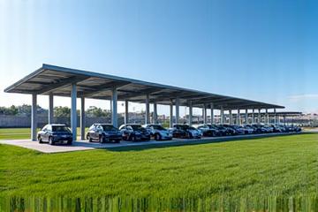 Solar panels mounted on a large ground array in a field, with a solar carport in the background, illustrating diverse solar applications.