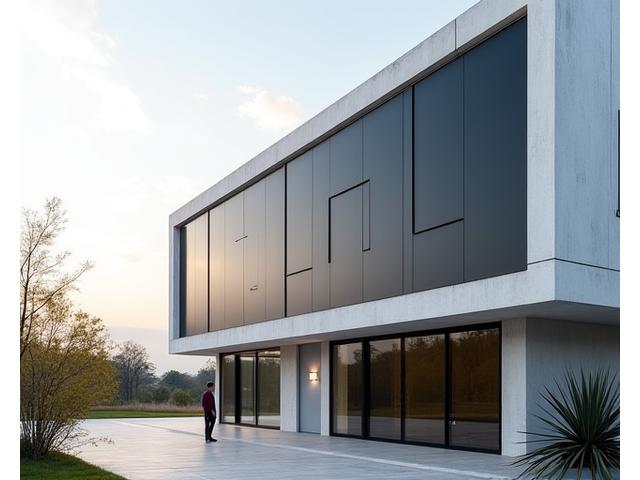 Modern building facade with subtly integrated solar panels, demonstrating harmonious architectural design with renewable energy elements.