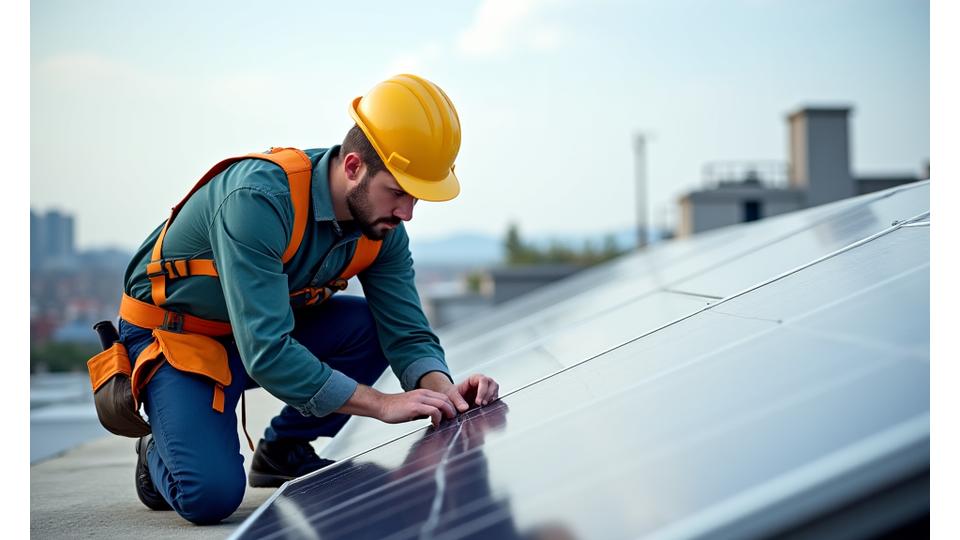 A maintenance technician safely inspecting solar panels on a rooftop, symbolizing professional solar maintenance.