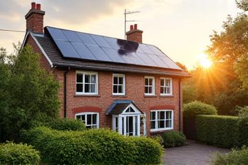Residential home with a newly installed rooftop solar array, bathed in sunlight, representing residential solar power.