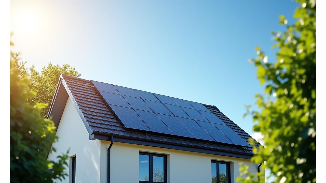Residential rooftop solar panels gleaming under a bright sky, symbolizing energy independence and sustainable living.