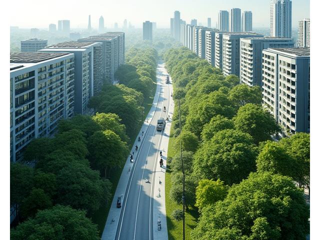 An overhead shot of a meticulously planned modern green city, showcasing expansive parks, dedicated cycling lanes, solar-paneled buildings, and efficient public transportation hubs, indicative of a successful municipal masterplan.